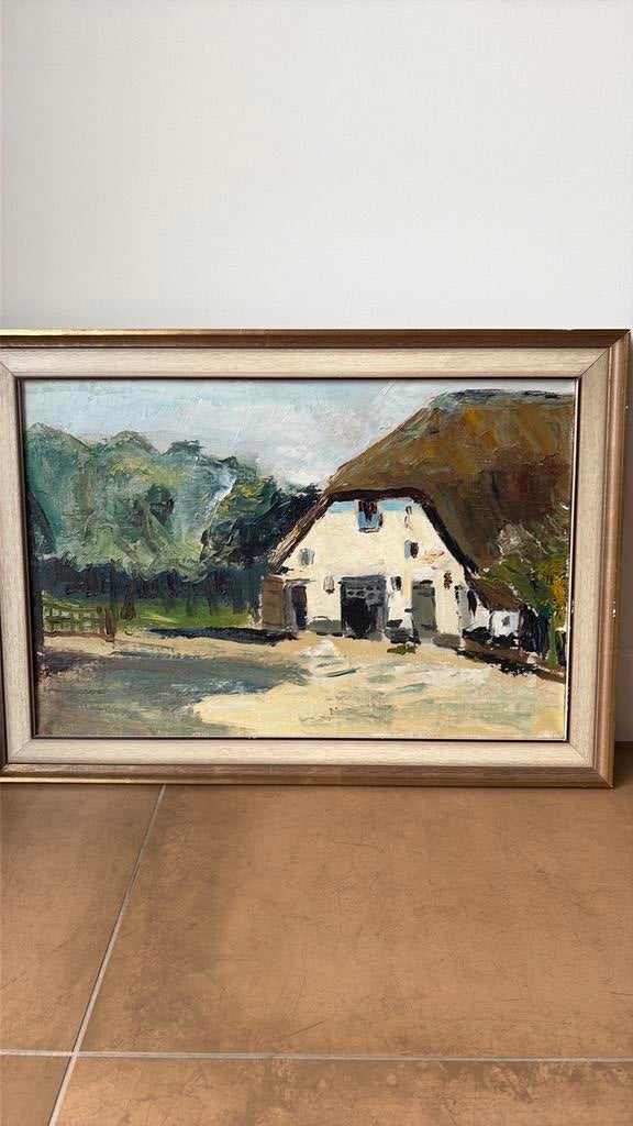 Impressionistisch schilderij van witte boerderij rieten dak, Ophalen of Verzenden