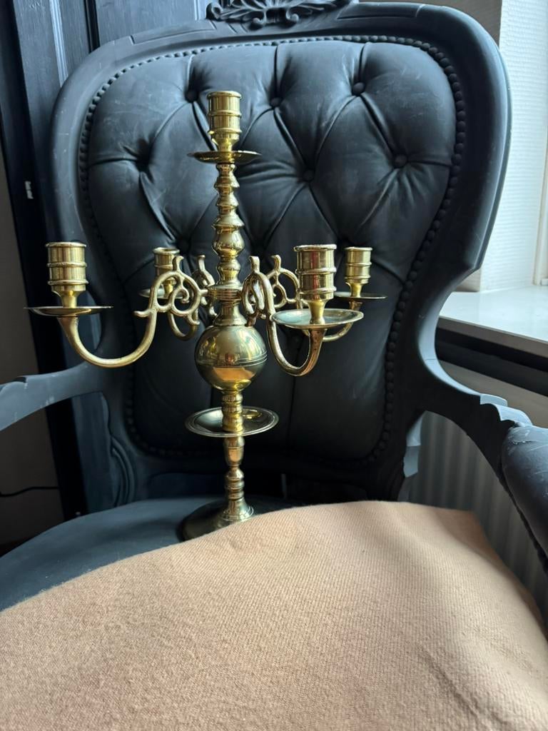 Koperen-messing 5 armige kandelaar-kaarsenstandaard, Antiek en Kunst, Ophalen of Verzenden, Koper of Brons