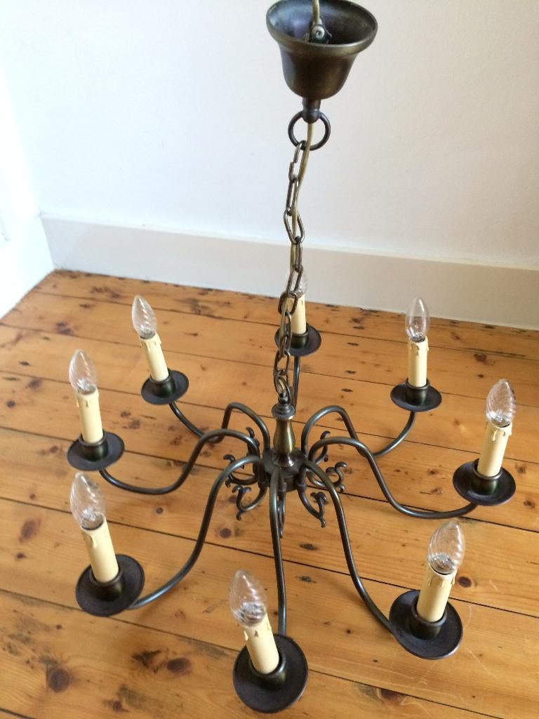 Oude donkere kroonluchter met acht 8 druipende kaarsjes, Huis en Inrichting, Ophalen of Verzenden, Gebruikt, Metaal
