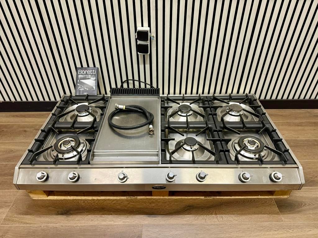 Luxe Boretti 7 pits Gas kookplaat met Frytop 120 cm breed, De schout 4, Fornello Esperta, Ophalen of Verzenden, Zo goed als nieuw