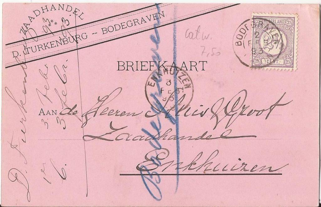 BODEGRAVEN 1893 Zaadhandel TURKENBURG over haarl. tuinbonen, Verzamelen, Ophalen of Verzenden, Voor 1920, Gelopen, Zuid-Holland
