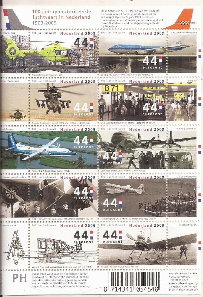 100 jaar gemotoriseerde luchtvaart in Nederland 2009 Velletj, Ophalen of Verzenden, Na 1940, Postfris