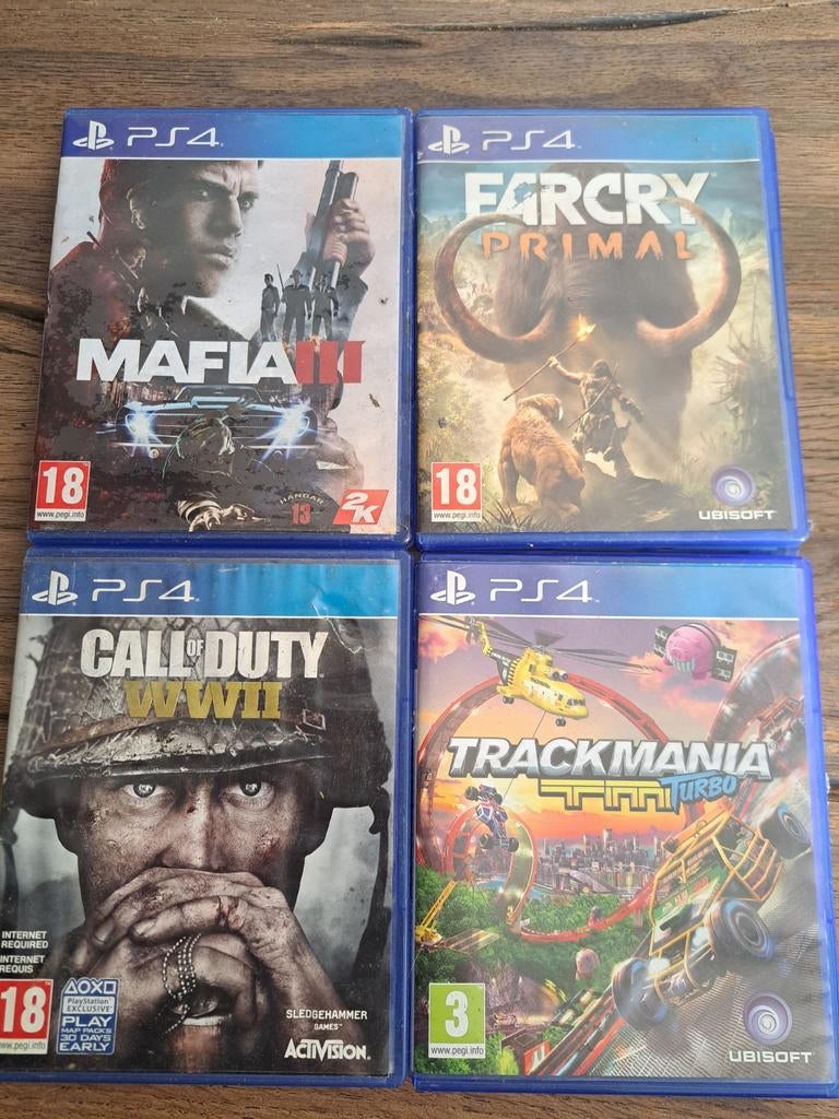 PS4 Games: Mafia III, Far Cry Primal, CoD WWII, Trackmania, Spelcomputers en Games, Online, Gebruikt, Vanaf 18 jaar, Overige genres