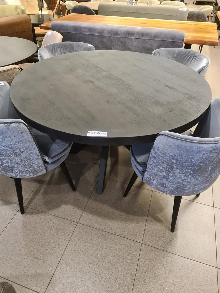 Nieuwe eettafel rond 140cm zwart mango spinpoot €395, Ophalen, ., Nieuw, .