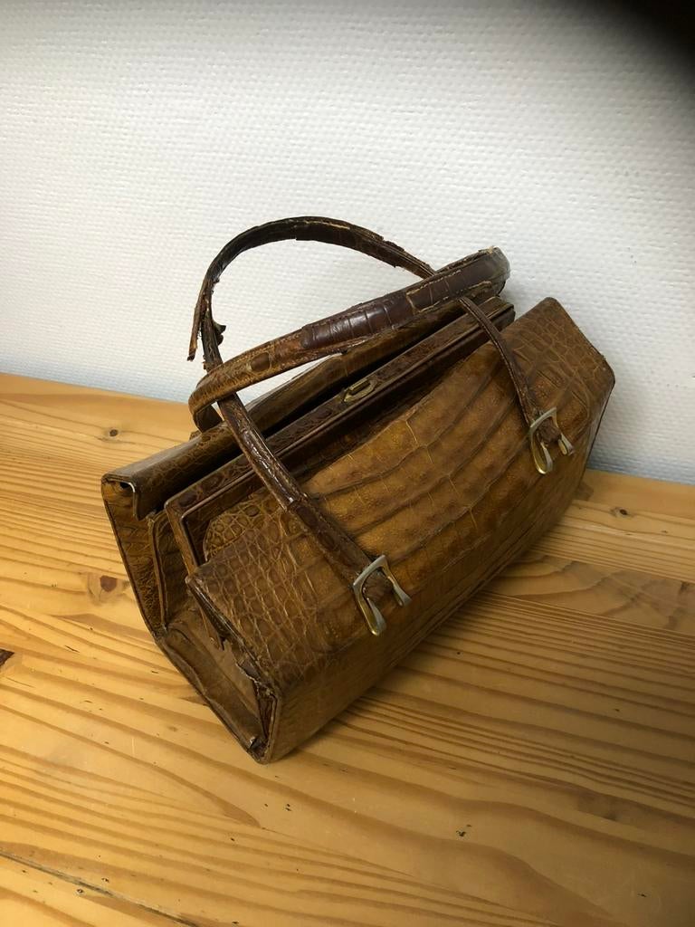 Vintage Bruine Handtas van krokodillen leer, Ophalen of Verzenden, Gebruikt, Bruin, Handtas