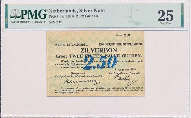 Nederland 2,5 gulden 1914 zilverbon PMG25