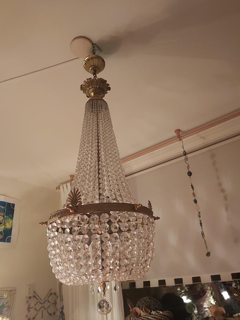 Grote antieke empire bronzen kristallen kroonluchter, Ophalen of Verzenden, Zo goed als nieuw