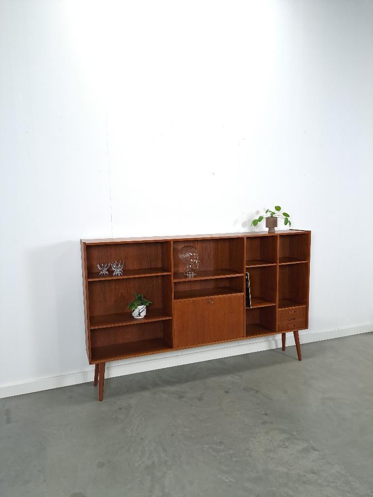 Deens teak brede LP kast met planken, lades bar met spiegel, Gebruikt, Met klep(pen), 100 tot 150 cm, 150 tot 200 cm