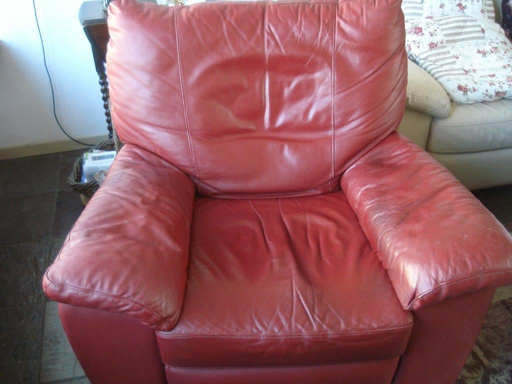 Oerdegelijke mooie roodlederen draai-wip Fauteuil, Ophalen, Gebruikt, Minder dan 75 cm, Leer