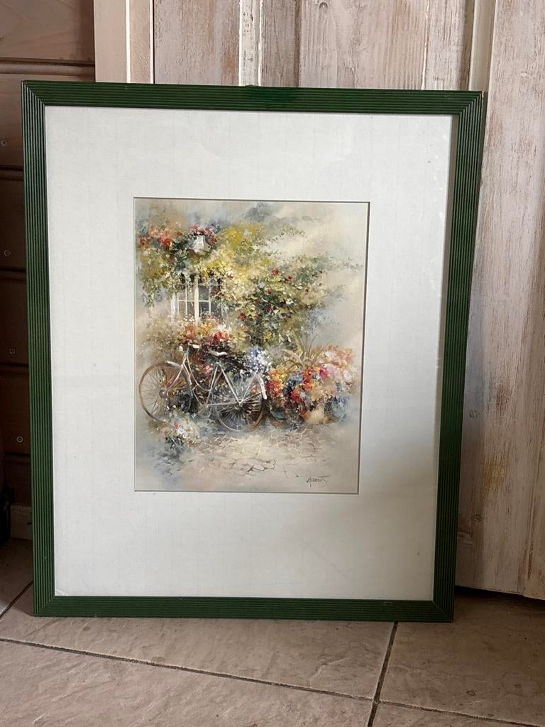 Sfeervol printschilderij met fiets en bloemen, Ophalen