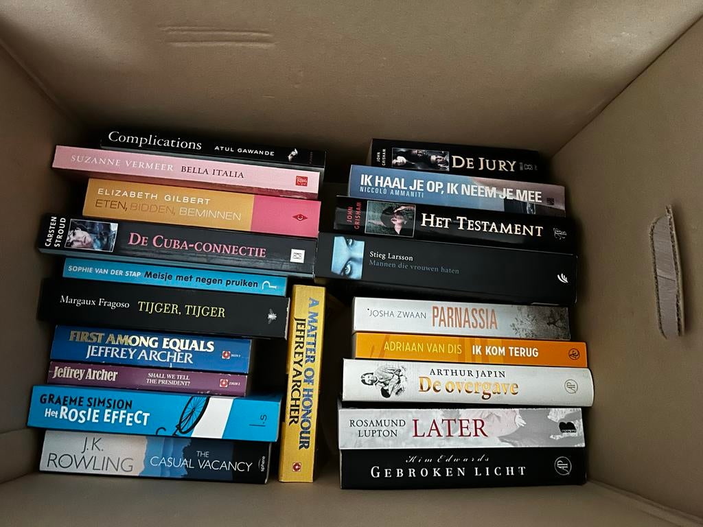 3 verhuisdozen met boeken: romans, thrillers, biografieën, Ophalen, Gelezen, Nederland