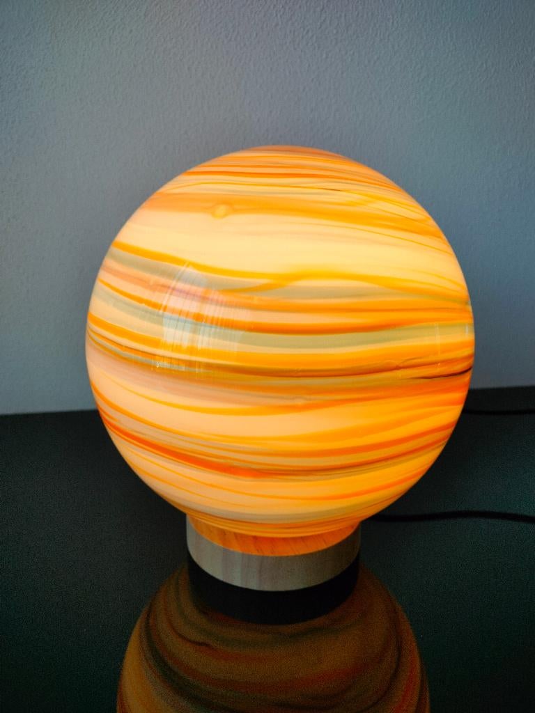 Italie Murano Lamp Bol Oranje Turquoise Wit Filigrana 1980, Ophalen of Verzenden, Zo goed als nieuw, Glas, Minder dan 50 cm