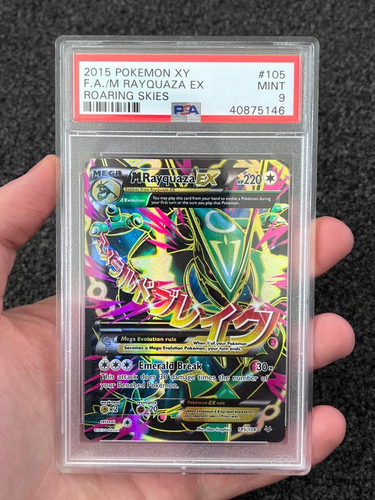 Pokémon PSA 9 M Rayquaza EX #105 Roaring Skies, Ophalen of Verzenden, Zo goed als nieuw, Losse kaart, Foil