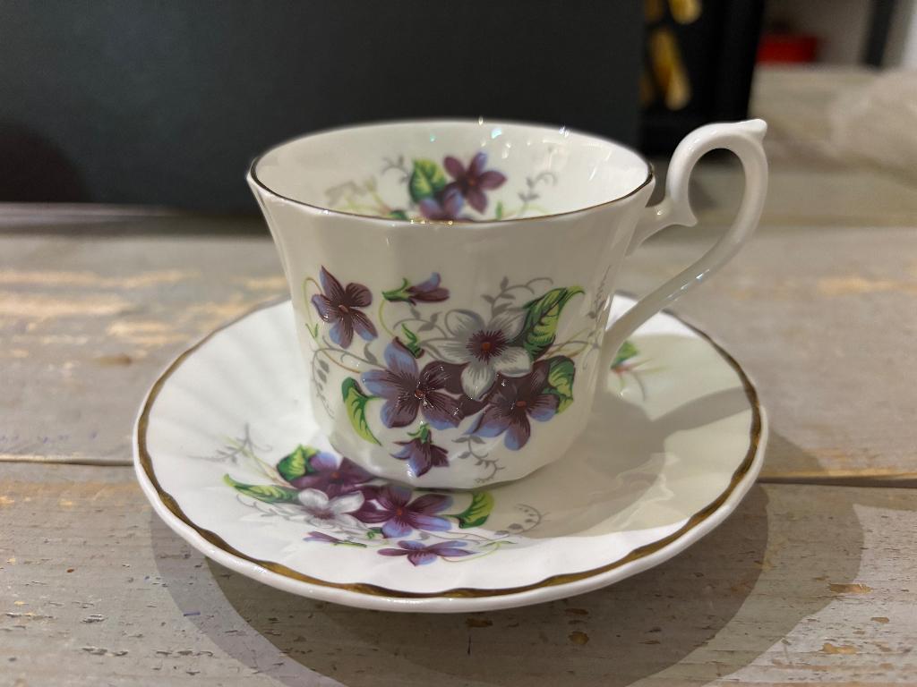 Royal Albert kop en schotel 'Purple Violets', Ophalen of Verzenden, Zo goed als nieuw, Porselein, Kop en/of schotel