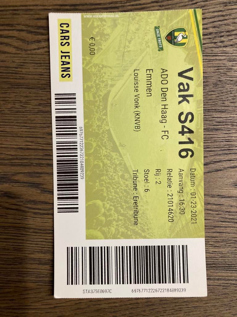 TICKET ADO DEN HAAG-EMMEN 20-21, Ophalen of Verzenden, Zo goed als nieuw, Overige binnenlandse clubs, Overige typen