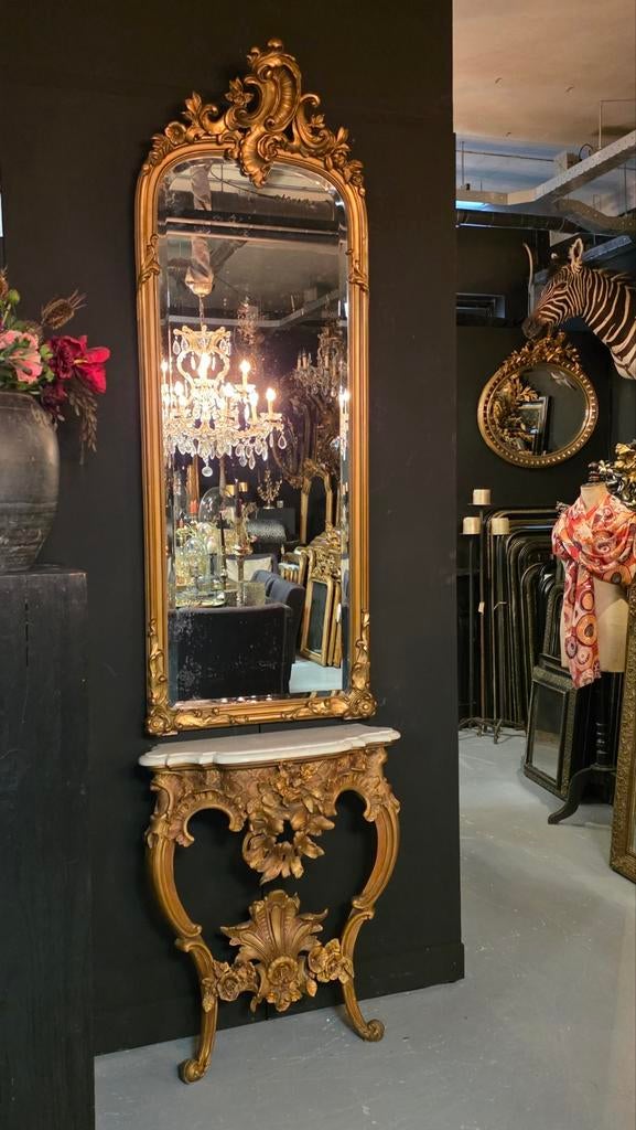 Antieke spiegel met wandtafel/console.., Ophalen of Verzenden, Rechthoekig