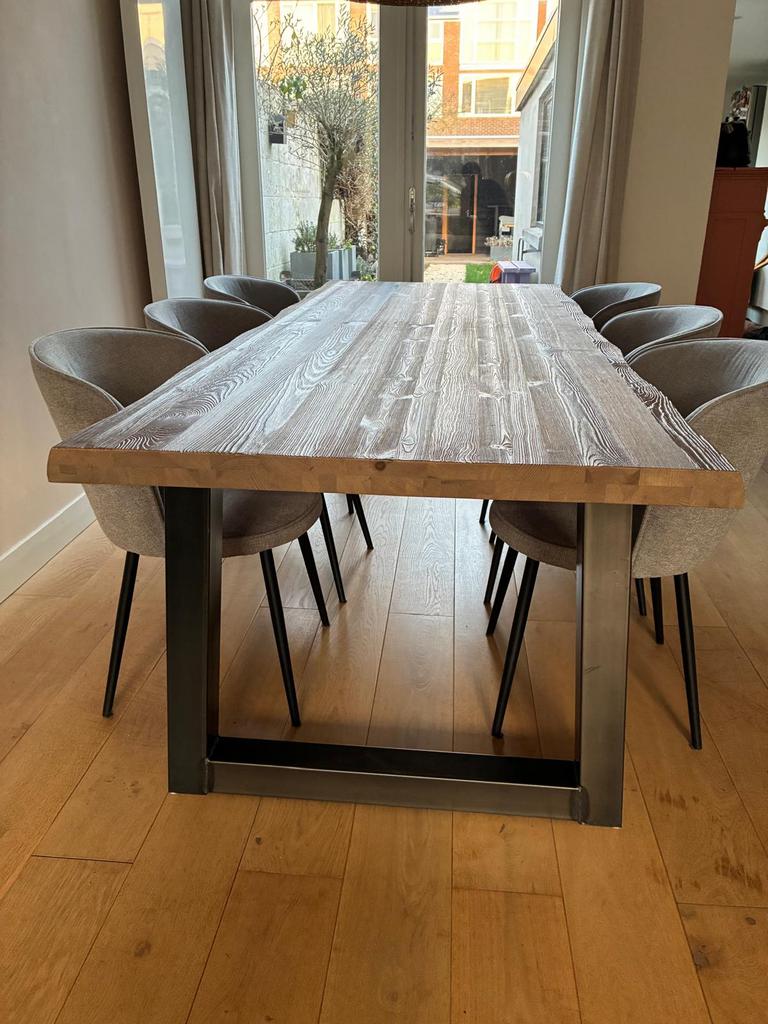 Eettafel houten blad met witte stalen poten, Huis en Inrichting, Tafels | Eettafels, Ophalen, Gebruikt, 200 cm of meer, 50 tot 100 cm