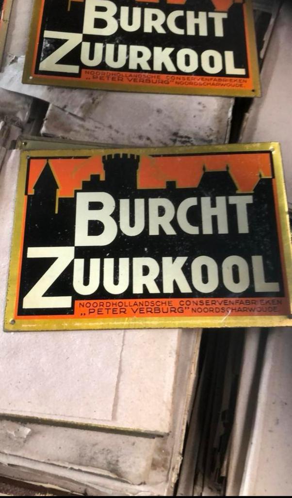 Blikken Burcht reclame bordjes jaren 30 vorige eeuw, Verzamelen, Ophalen of Verzenden, Zo goed als nieuw, Reclamebord