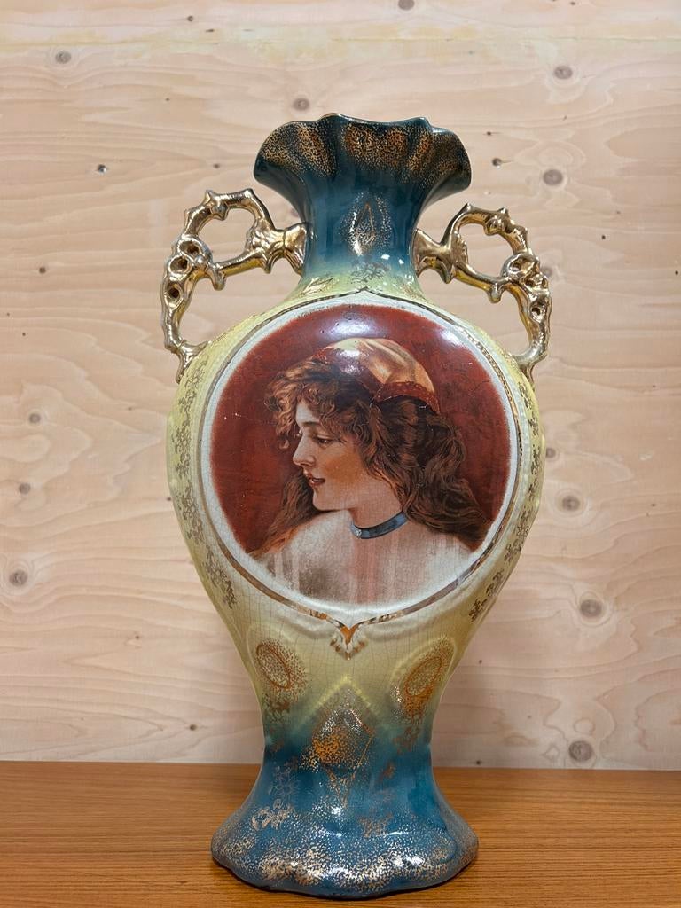 Vintage Victoriaanse keramiek vaas Engels, Gebruikt, Overige kleuren, Aardewerk of Porselein, Ophalen of Verzenden