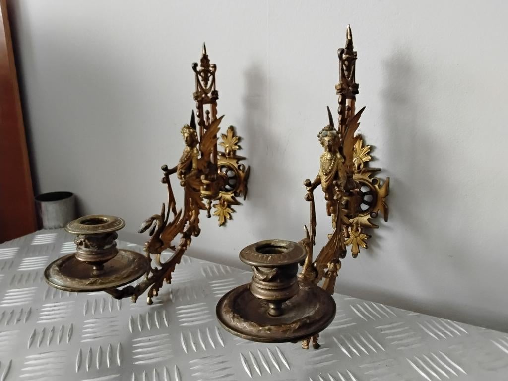 BRONZEN PIANO/WAND KANDELAARS FRANS 19 EEUW, Antiek en Kunst, Antiek | Kandelaars, Ophalen of Verzenden, Koper of Brons