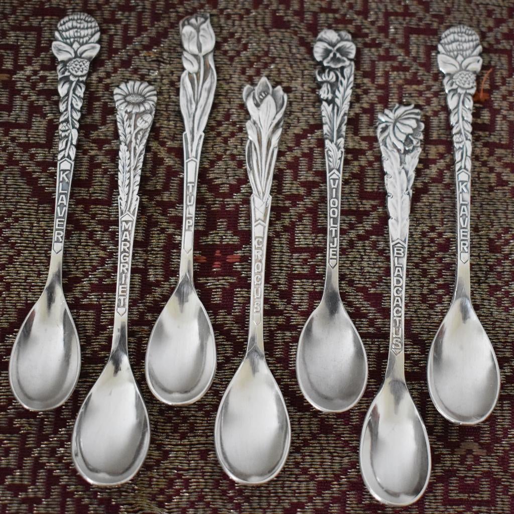 7 verzilverde bloemen lepeltjes Sola 90/100, Antiek en Kunst, Antiek | Bestek, Ophalen of Verzenden