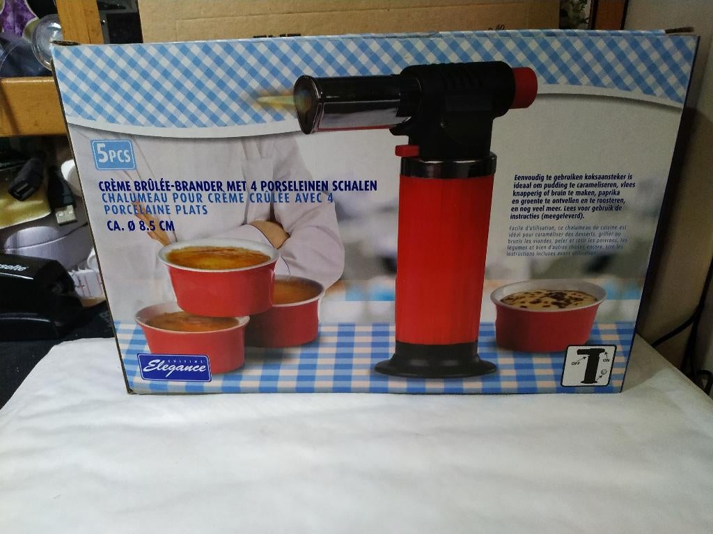 CRÈME BRÛLÉE-BRANDER MET 4 PORSELEINEN SCHALE, Overige typen, Nieuw, Ophalen of Verzenden, Overige stijlen