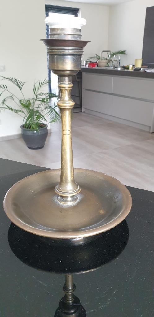 Zeer fraaie antieke bronzen lampenvoet met kap, Ophalen of Verzenden