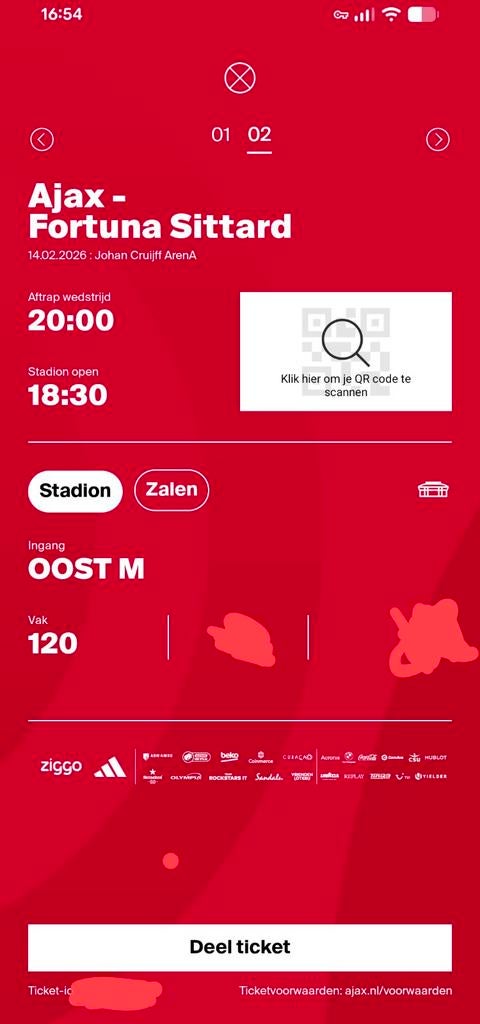 2 kaarten Ajax - Fortuna Sittard 14-02-2026. Vak 120 top!, Twee personen, Februari