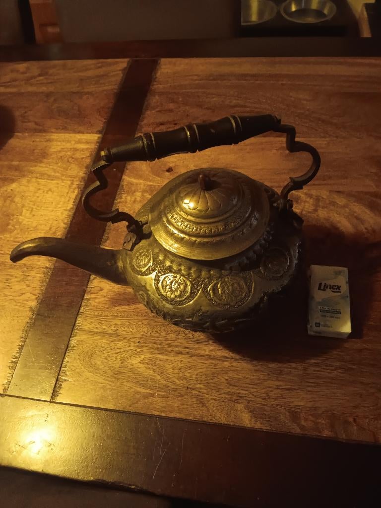 vintage grote geel koperen theepot met messing handgemaakt, Antiek en Kunst, Ophalen of Verzenden