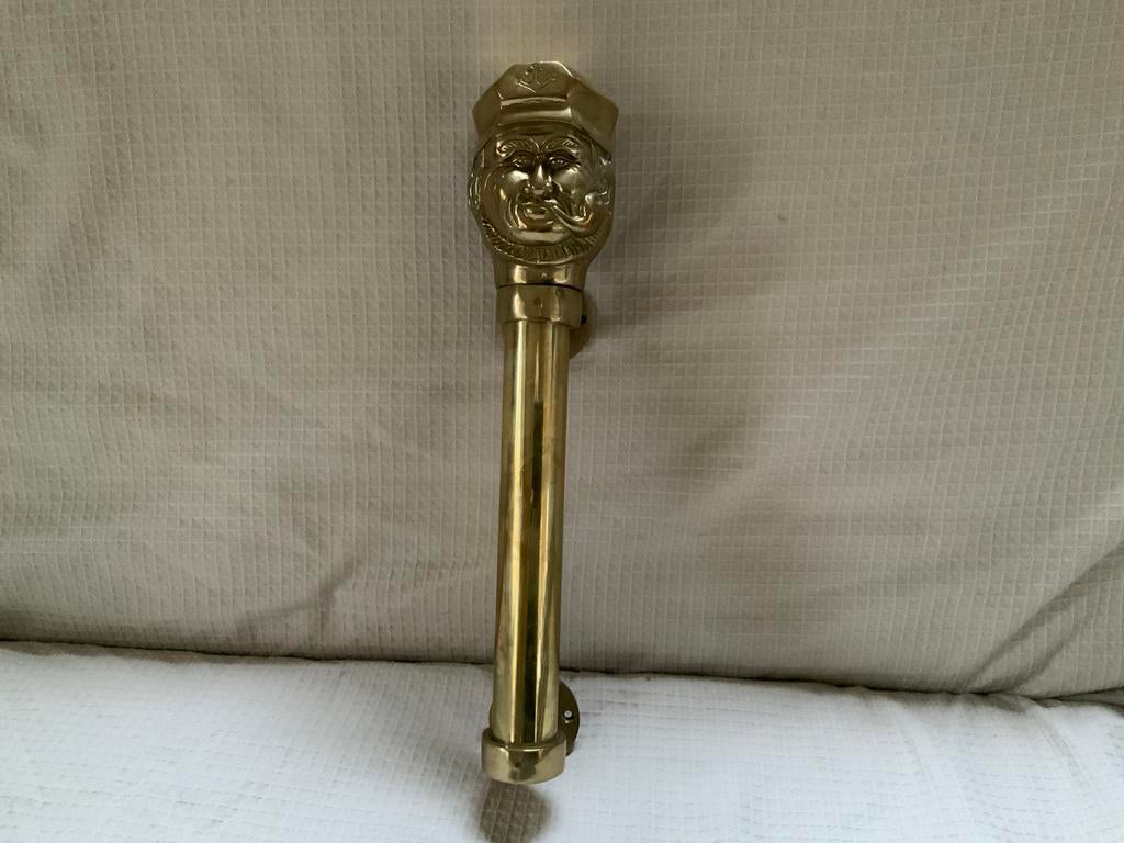 Vintage messing deurgreep met zeemansgezicht, Ophalen, Gebruikt, Koper of Messing, Klink of Kruk