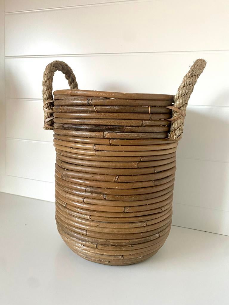 Rieten rotan Mand met Touw Handvatten van der leden, Huis en Inrichting, Gebruikt, Mand, Rond, Ophalen of Verzenden