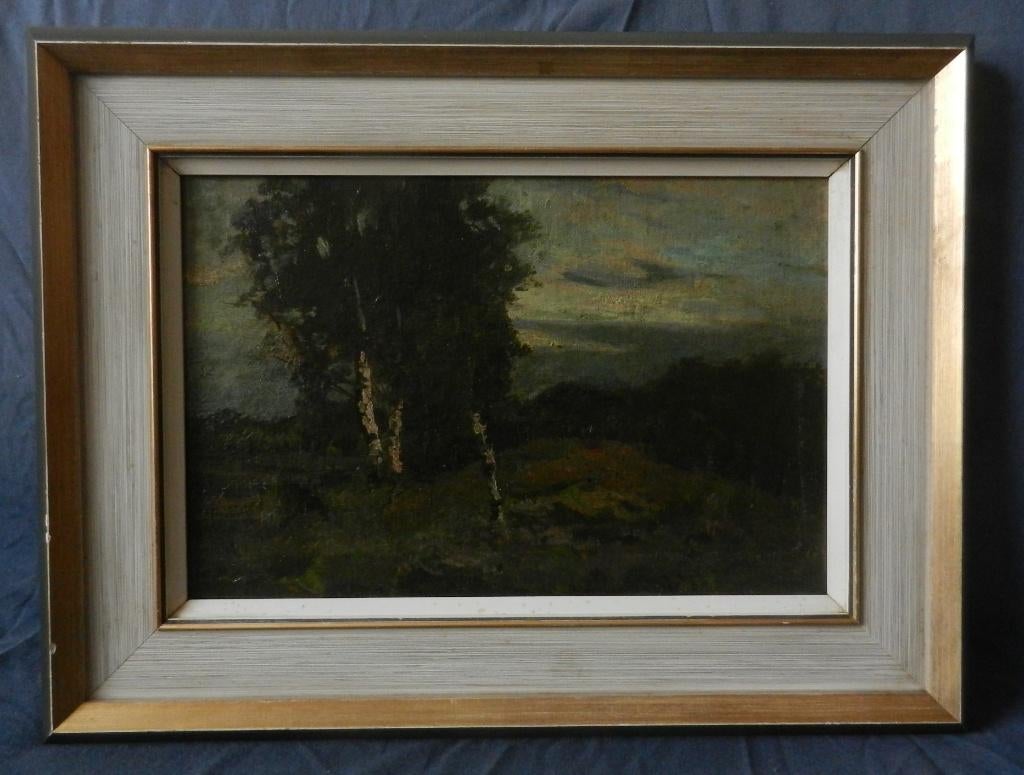 Olieverf Drie Berkenbomen op de hei , ongesign. 19x29 cm., Antiek en Kunst, Kunst | Schilderijen | Klassiek, Ophalen of Verzenden