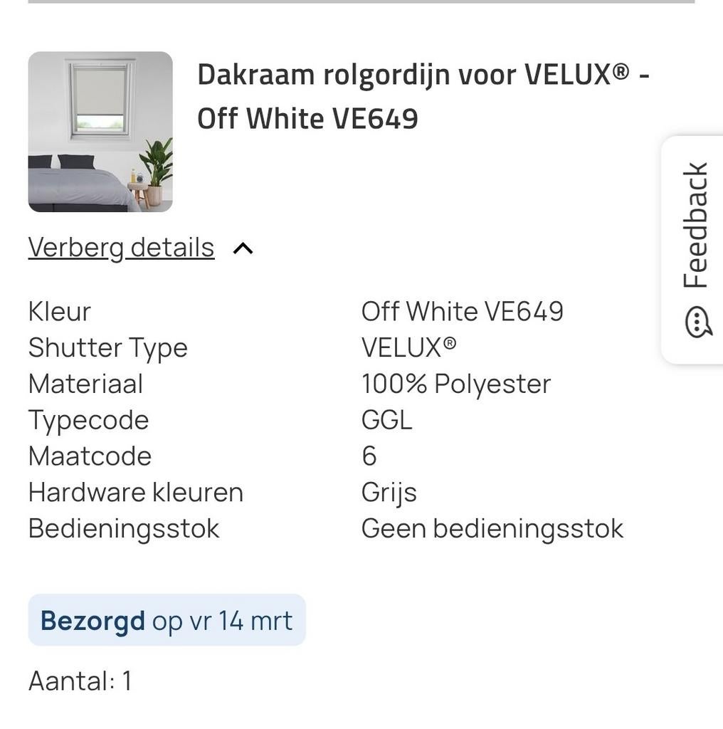 Dakraam rolgordijn voor Velux dakraam maatcode 6, Ophalen of Verzenden, Nieuw