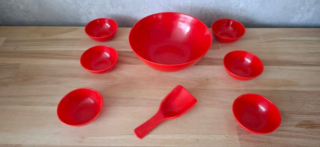 Vintag Plastic 8 delige Pindaset met opscheplepels, jaren 70, Verzamelen, Retro, Ophalen of Verzenden, Huis en Inrichting