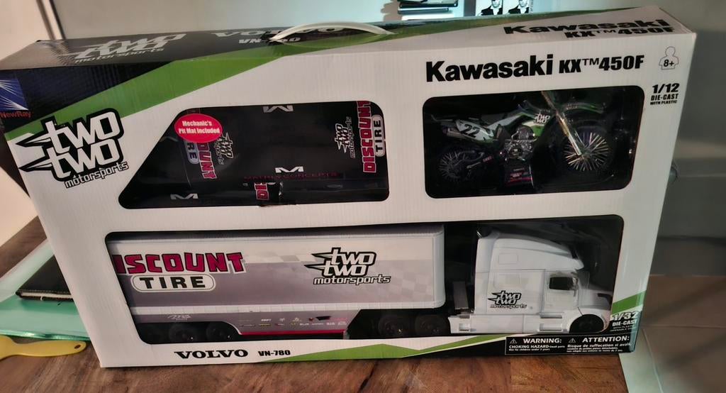 Kawasaki chad reed KX450F Motorcross set met Volvo Truck, Overige merken, 1:32 tot 1:50, Overige typen, Nieuw