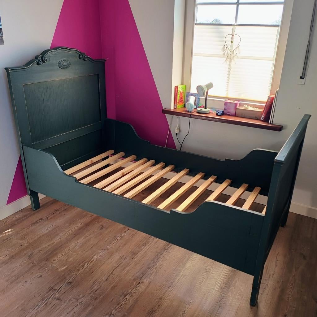 Brocante bed blauw, lengte 190, Ophalen, 85 tot 100 cm, Gebruikt, Matras