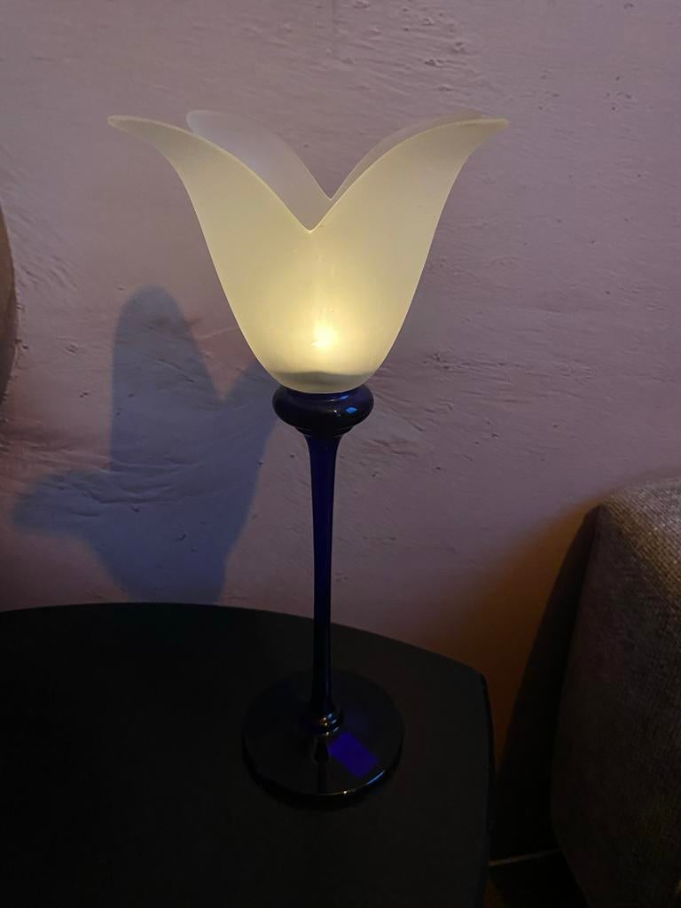 Waxinehouder glas tulp - Blauw met wit, Overige materialen, Wit, Ophalen of Verzenden, Zo goed als nieuw