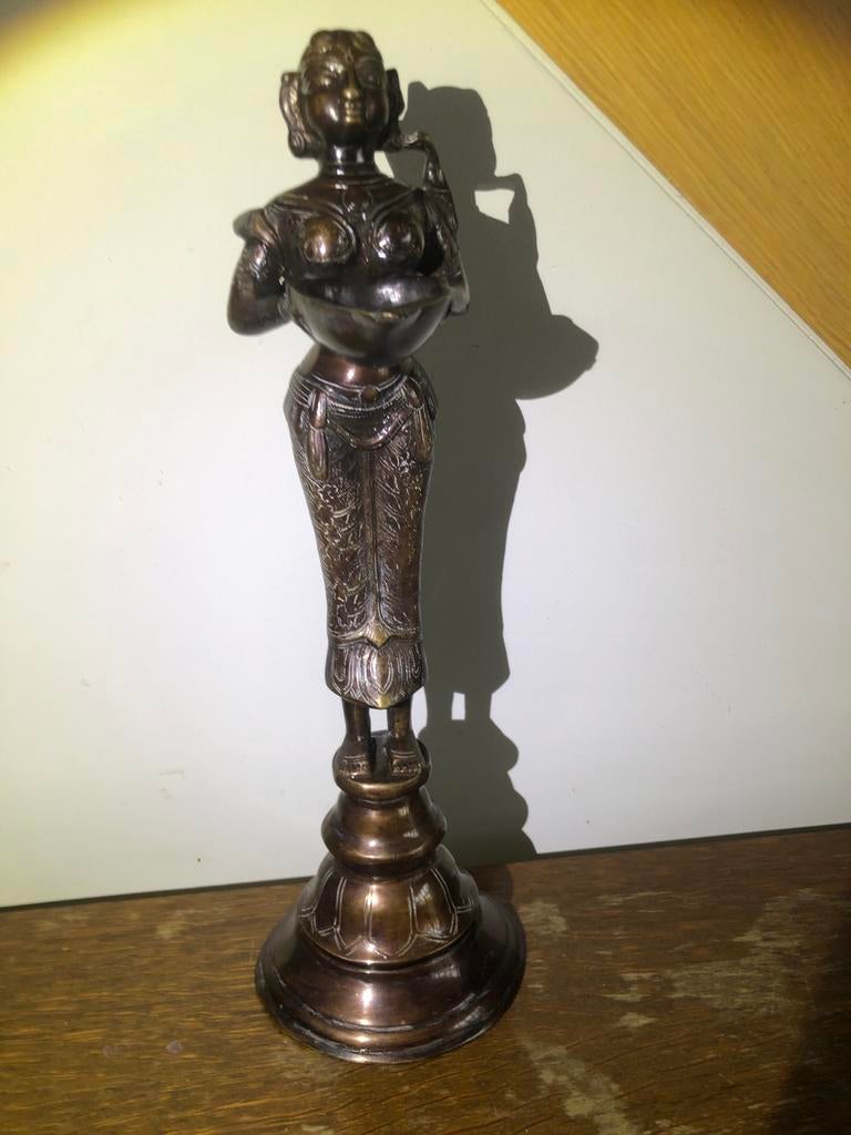 Prachtige bronzen tempel olielamp van godin Meenakshi India, Ophalen of Verzenden
