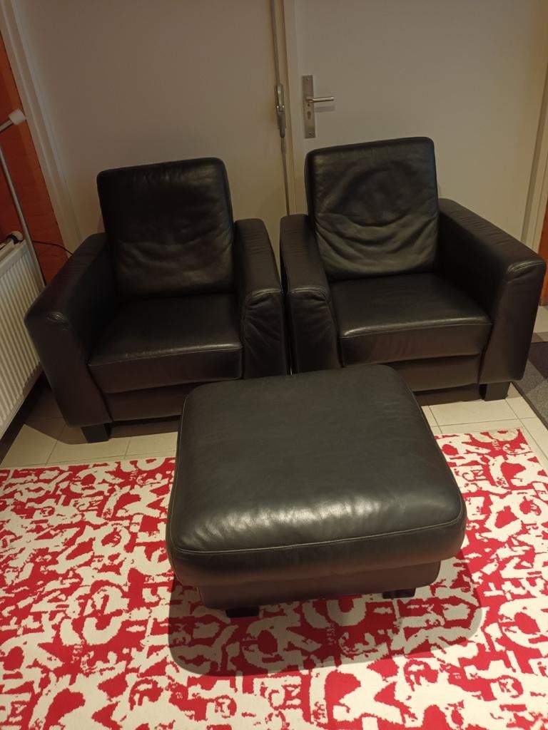 2 leren fauteuils stoelen Goossens Zwart leder met hocker, Ophalen, Gebruikt, 75 tot 100 cm, Leer
