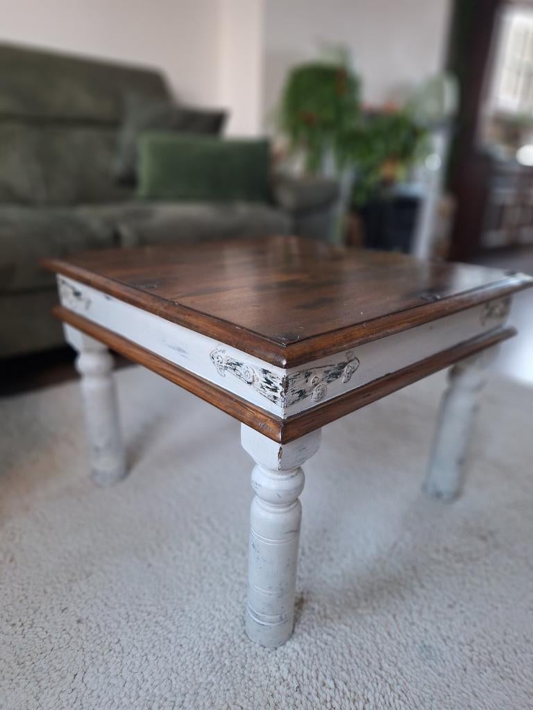Noten gebeitste salontafel 62x62 cm landelijk, Ophalen, Gebruikt, 50 tot 100 cm, Vierkant