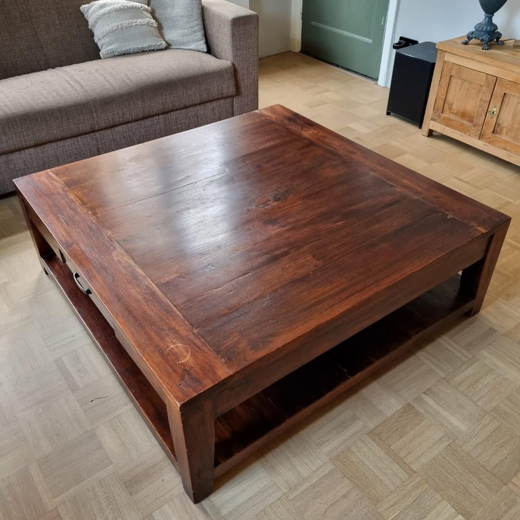 Salontafel vierkant met laatje, teakhout 120x120x40cm, Ophalen, Gebruikt, 50 tot 100 cm, 50 tot 100 cm