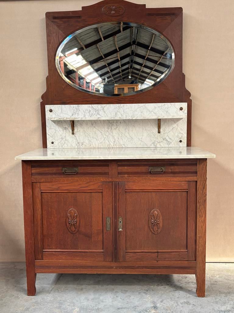 Antieke Eiken Commode/kaptafel met Marmeren Blad en Spiegel, Ophalen