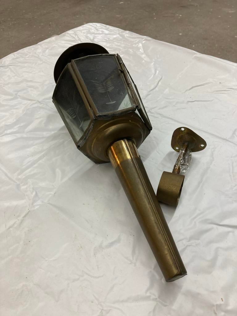 Antieke Koperen Wand Windlicht / Lantaarn met Geëtst Glas, Ophalen