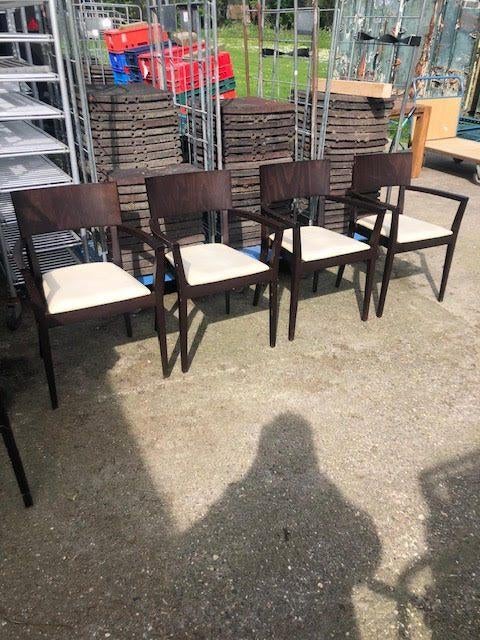 4 restaurant stoelen m leuning + 1 barkruk, Ophalen, Gebruikt, Bruin, Stof