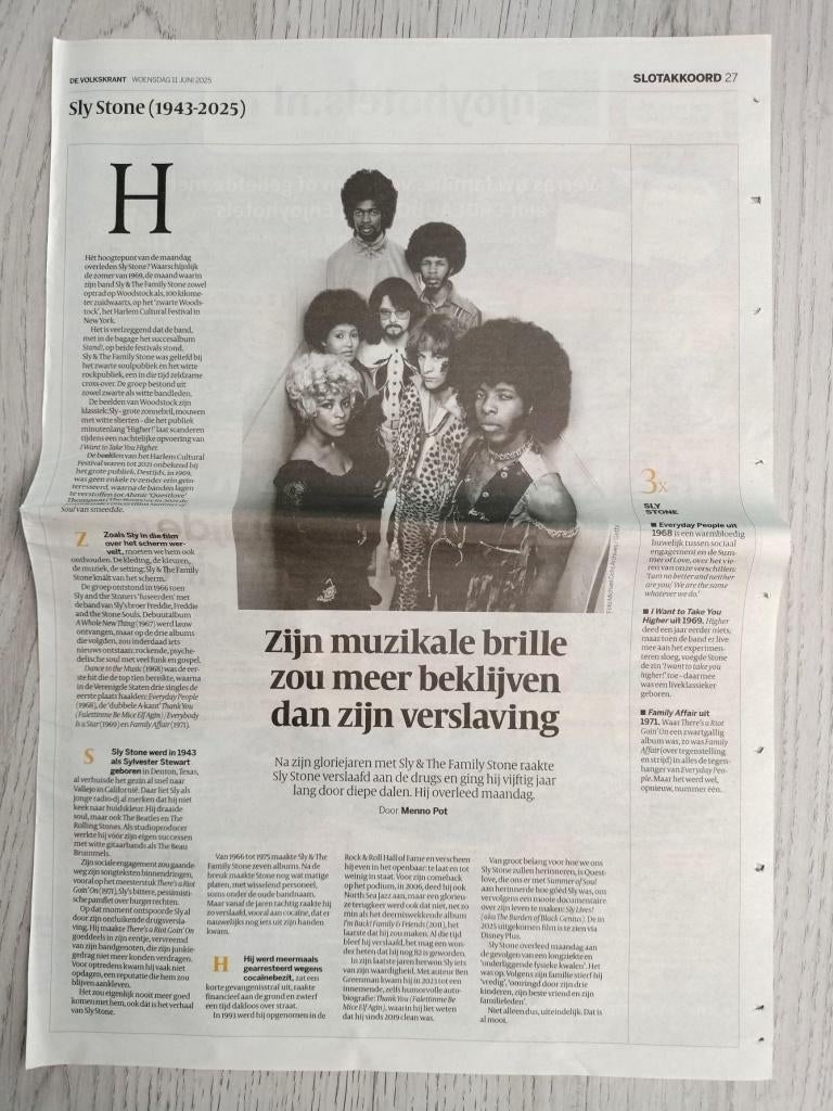 Sly Stone / Sly & The Family Stone krantenartikel Volkskrant, Verzenden, Zo goed als nieuw, Boek, Tijdschrift of Artikel