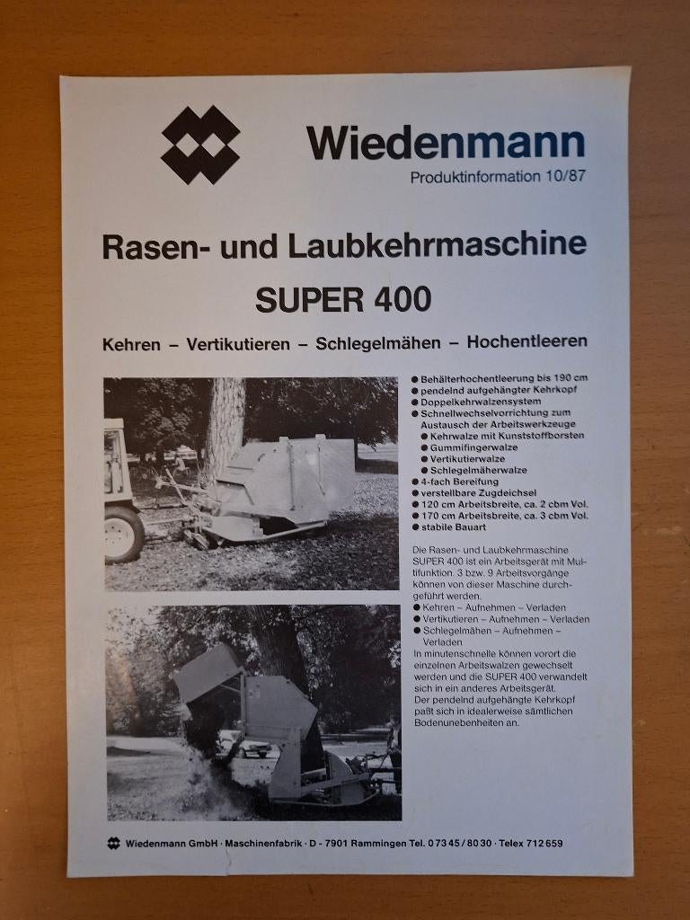 Folder Wiedenmann gazon en bladveger Super 400, Ophalen of Verzenden, Gelezen, Tractor en Landbouw