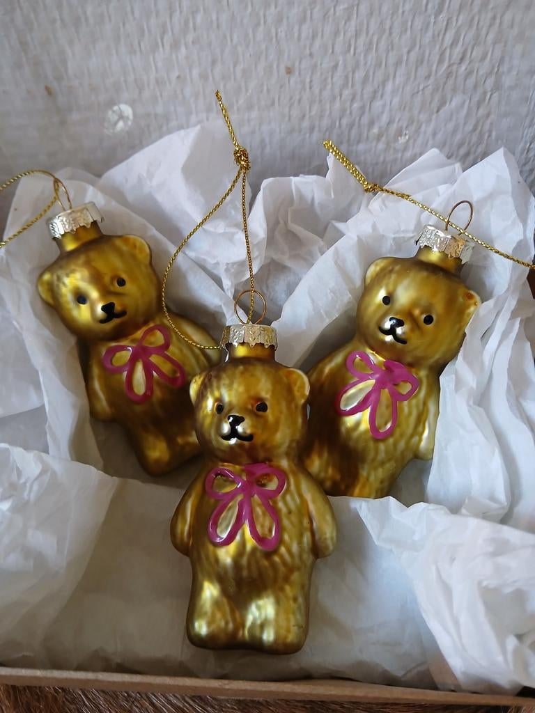 Nieuw: 3 kerstballen glas beer goud bruin - beren kerstmis, Ophalen of Verzenden, Nieuw
