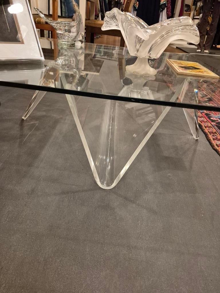 Glazen Salontafel met Plexiglas Onderstel, Huis en Inrichting, Tafels | Salontafels, Gebruikt, Vierkant, Ophalen of Verzenden