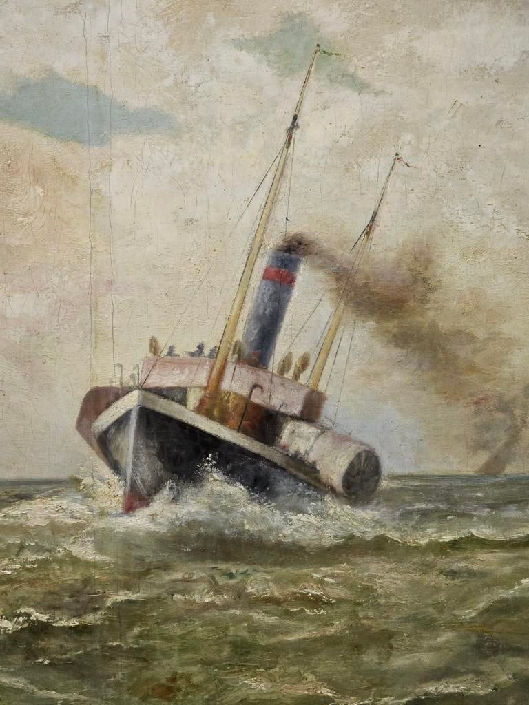 Antiek Schilderij: Stoomschip op woelige zee, Antiek en Kunst, Ophalen of Verzenden