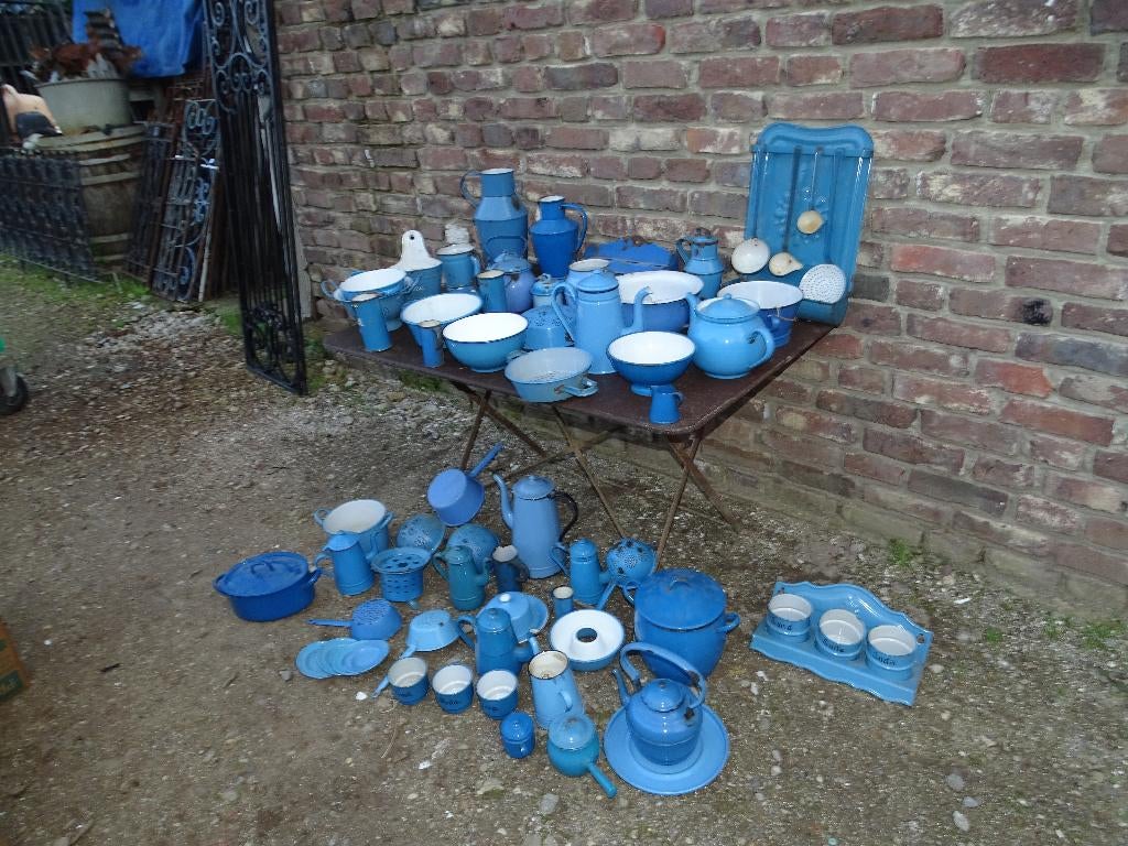 partij blauwe emaillen emaille zeef kan pot ketel enz, Ophalen